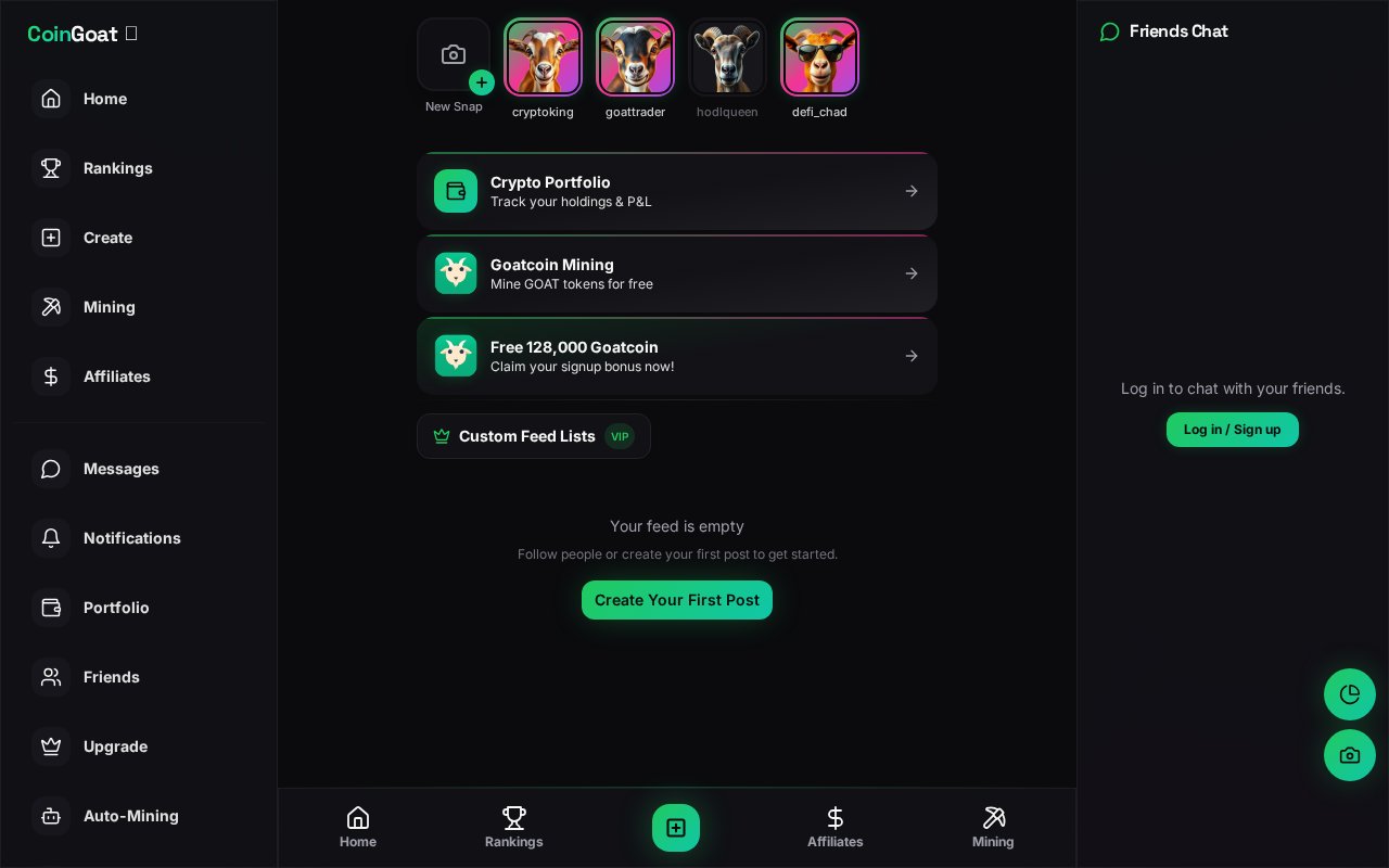 The CoinGoat.com app dashboard showing crypto portfolio tracking, Goatcoin mining and the social feed