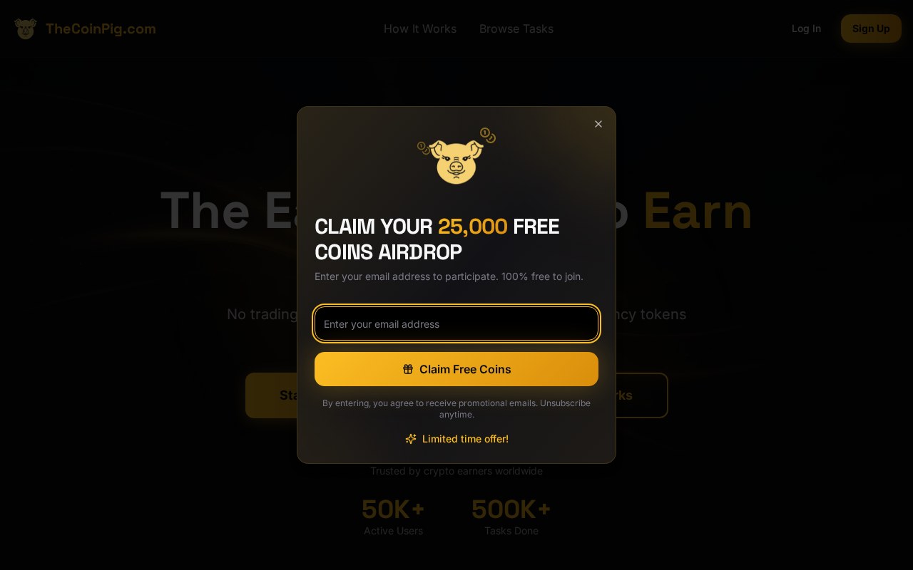 TheCoinPig.com homepage showing crypto micro tasks, job categories and Pigcoin phone mining